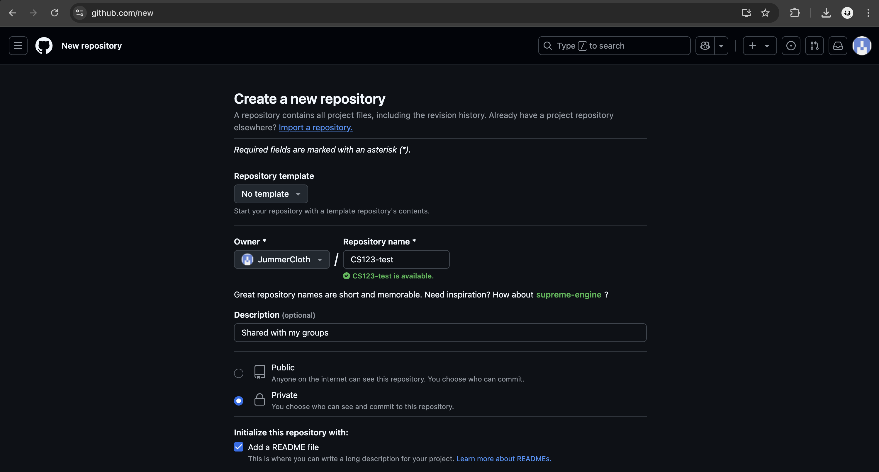 GitHub new repository page