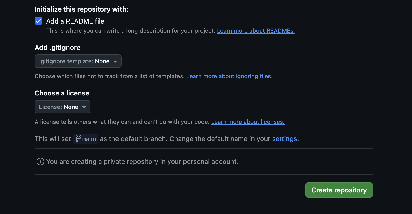 GitHub repository creation options