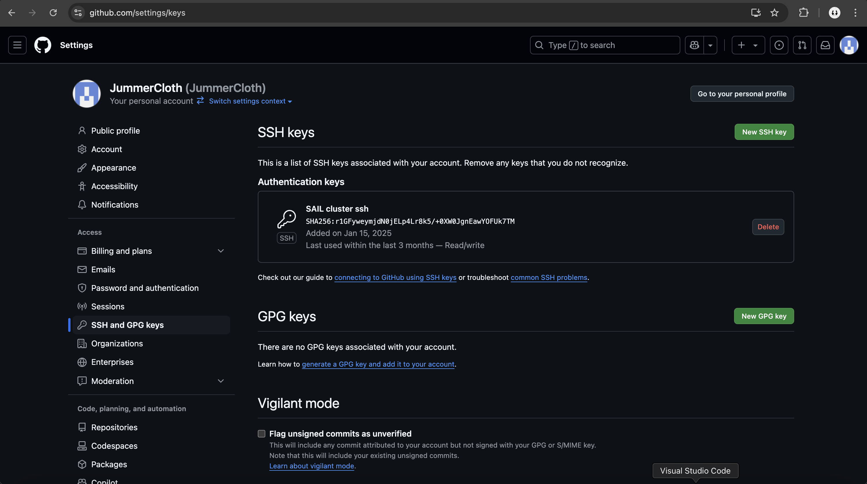 GitHub SSH keys page